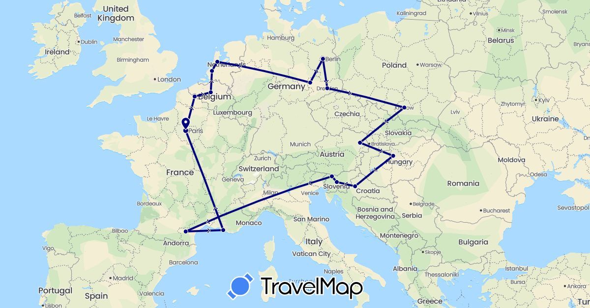 TravelMap itinerary: driving in Austria, Belgium, Germany, France, Croatia, Hungary, Netherlands, Poland, Slovenia (Europe)
